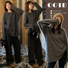 批发已出货 图片已处理 加厚磨毛条纹长袖T恤秋冬宽松上衣 遮臀打底衫