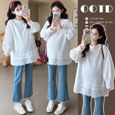 批发原版原料 大货实拍 孕妇秋<b class='q'>冬</b>新款蕾丝拼接宽松遮臀打底上衣T恤