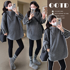 批发大货实拍 孕妇冬季加厚羊圈毛呢上衣 慵懒休闲大码连帽外套