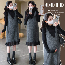 批发大货实拍 孕妇秋冬木耳边拼接亮片马甲裙 <b class='q'>针织</b><b class='q'>背心</b>裙+上衣两件套