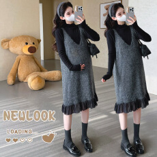 批发大货实拍 孕妇秋冬木耳边下摆拼接马甲裙 <b class='q'>针织</b><b class='q'>背心</b>裙+上衣两件套