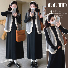 批发大货实拍 <b class='q'>孕妇</b><b class='q'>秋冬</b>针织<b class='q'>连衣裙</b>+小香风马甲两件套套装