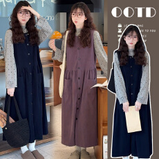 批发大货 <b class='q'>孕妇</b><b class='q'>秋冬</b>韩系宽松灯芯绒单排扣背心裙+爱心花边半高领打底衫