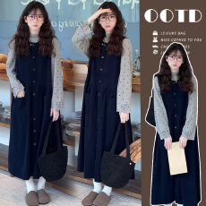 大货 孕妇秋冬韩系宽松灯芯绒单排扣背心裙+爱心花边半高领打底衫