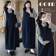 批发大货实拍 秋冬孕妇装植绒爱心花边T恤方领灯芯绒背心裙<b class='q'>两件</b>套套装