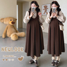 批发大货实拍 冬季新款加绒打底衫+灯芯绒背带裙<b class='q'>两件</b>套孕妇装宽松大码