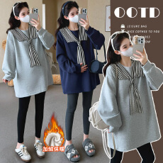 批发大货实拍孕妇冬装新款条纹披肩长袖卫衣时尚百搭宽松上衣加绒加厚