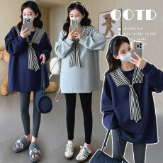 批发实拍现~孕妇春装新款条纹披肩长袖卫衣时尚百搭宽松上衣加绒加厚