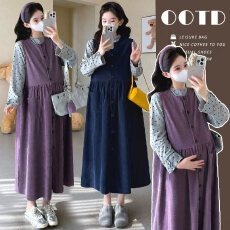 批发实拍现~<b class='q'>孕妇</b><b class='q'>秋冬</b>宽松灯芯绒单排扣背心裙+爱心花边半高领打底衫