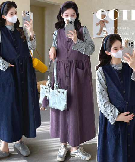 실사 지금 임산부 봄 루즈핏 코듀로이 싱글 줄 버튼 조끼 스커트 하트 레이스 반하이넥 기본 셔츠