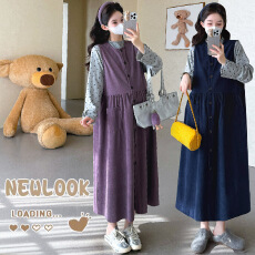 批发实拍现~<b class='q'>孕妇</b><b class='q'>秋冬</b>宽松灯芯绒单排扣背心裙+爱心花边半高领打底衫