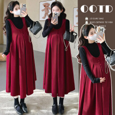 大货实拍孕妇冬季新款加绒打底上衣灯芯绒中长款背带裙两件套套装