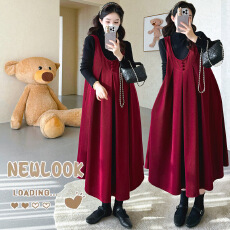 大货实拍孕妇冬季新款加绒打底上衣灯芯绒中长款背带裙两件套套装