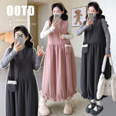 批发大货实拍<b class='q'>孕妇</b><b class='q'>冬季</b>韩系灯芯绒绗棉加厚背心裙木耳边针织打底毛衣