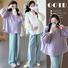 批发实拍现~孕妇春装新款蕾丝拼接长袖衬衫彩扣宽松大码上衣衬衣