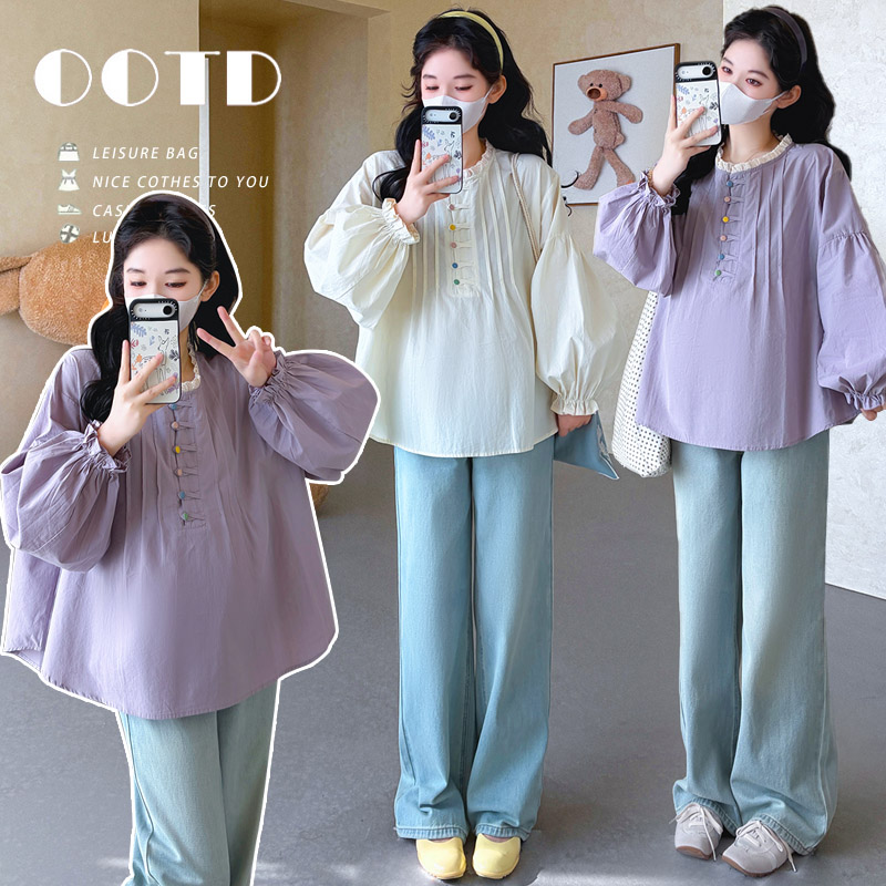 실사 지금 임산부 봄 드레스 새로운 레이스 조각 긴팔 셔츠 색상 버클 루즈핏 빅 사이즈 맨위 셔츠