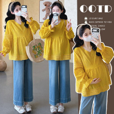 批发实拍现~孕妇春新款姜黄色刺绣花朵V领娃娃蕾丝宽松衬衫上衣