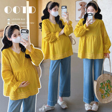 批发实拍现~孕妇春新款姜黄色刺绣花朵V领娃娃蕾丝宽松衬衫上衣