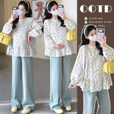 批发实拍现~2026孕妇春季新款孕妇娃娃衫 波点印花拼接蕾丝宽松上衣