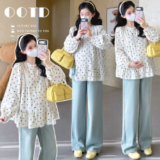 批发实拍现~2026孕妇春季新款孕妇娃娃衫 波点印花拼接蕾丝宽松上衣