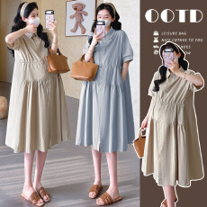 批发实拍现~孕妇夏季洗水棉连衣裙2026新款宽松大码可外出哺乳衬衫裙