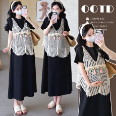 批发实拍现~孕妇夏镂空流苏马甲套装 叠穿百搭中长款连衣<b class='q'>裙</b>两件套<b class='q'>T</b><b class='q'>恤</b>