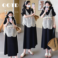 批发实拍现~孕妇夏镂空流苏马甲套装 叠穿百搭中长款连衣<b class='q'>裙</b>两件套<b class='q'>T</b><b class='q'>恤</b>