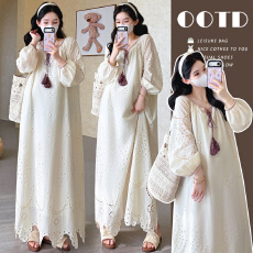 批发实拍现~孕妇法式宽松慵懒镂空长袖<b class='q'>连衣裙</b><b class='q'>棉布</b>提花刺绣度假长裙