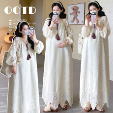 批发实拍现~孕妇法式宽松慵懒镂空长袖<b class='q'>连衣裙</b><b class='q'>棉布</b>提花刺绣度假长裙