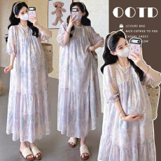 批发实拍现~2026夏新款孕妇雪纺印花连衣裙 中长款度假裙子宽松A摆