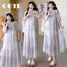 批发实拍现~2026夏新款孕妇雪纺印花连衣裙 中长款度假裙子宽松A摆