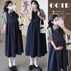 实拍现~孕妇夏季新款学院风格子短袖衬衫上衣+背带裙