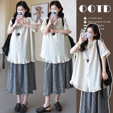 批发实拍现~孕妇夏季森系<b class='q'>棉麻</b>套装 衬衫+格子半身<b class='q'>裙</b>两件套