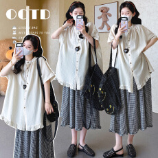 批发实拍现~孕妇夏季森系<b class='q'>棉麻</b>套装 衬衫+格子半身<b class='q'>裙</b>两件套