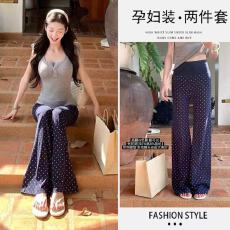 批发现~<b class='q'>孕妇</b><b class='q'>套装</b>休闲微喇波点拖地裤+双层木耳边小飞袖正肩T恤两件套