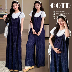 批发实拍现~孕妇<b class='q'>夏</b>季仿牛仔薄款波点背带<b class='q'>裤</b> 阔腿<b class='q'>裤</b>+<b class='q'>白色</b>纯棉T恤套<b class='q'>装</b>