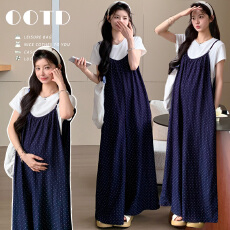 批发实拍现~孕妇<b class='q'>夏</b>季仿牛仔薄款波点背带<b class='q'>裤</b> 阔腿<b class='q'>裤</b>+<b class='q'>白色</b>纯棉T恤套<b class='q'>装</b>