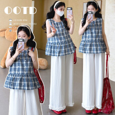 批发<b class='q'>实拍</b>现~<b class='q'>孕妇</b><b class='q'>格纹</b>棉布刺绣娃娃衫上衣+木耳边阔腿裤两件套套装