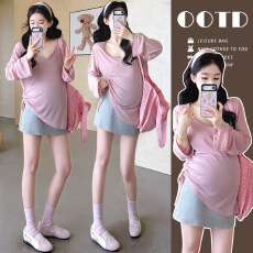 批发实拍现~孕妇夏薄款长袖防晒衫纯欲风T恤+托腹防走光<b class='q'>半身裙</b>两件套