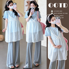批发实拍~<b class='q'>孕妇</b><b class='q'>夏</b>宽松<b class='q'>T</b><b class='q'>恤</b>+蕾丝镂空吊带上衣两件套 微喇裤套装