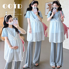 批发实拍~<b class='q'>孕妇</b><b class='q'>夏</b>宽松<b class='q'>T</b><b class='q'>恤</b>+蕾丝镂空吊带上衣两件套 微喇裤套装