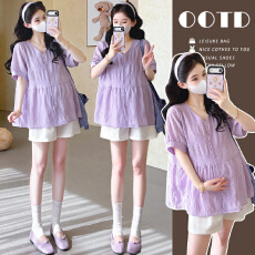 批发实拍现~孕妇夏季新款<b class='q'>韩版</b>宽松娃娃衫衬衫上衣+托腹短款两件套套装