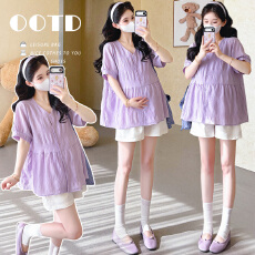 批发实拍现~孕妇夏季新款<b class='q'>韩版</b>宽松娃娃衫衬衫上衣+托腹短款两件套套装