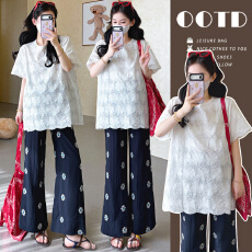 批发实拍现~新款镂空提花刺绣棉麻圆领宽松T恤+棉布刺绣九分<b class='q'>裤</b>