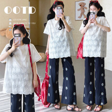 批发实拍现~新款镂空提花刺绣棉麻圆领宽松T恤+棉布刺绣九分<b class='q'>裤</b>