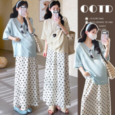 批发实拍现~孕妇<b class='q'>夏</b>冰丝亚麻针织衫宽松上衣+缎面波点半身裙两件套套装