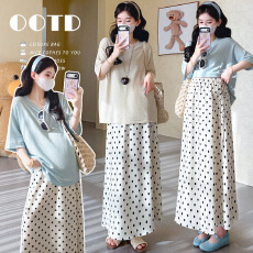 批发实拍现~孕妇<b class='q'>夏</b>冰丝亚麻针织衫宽松上衣+缎面波点半身裙两件套套装