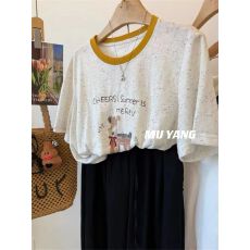 批发3351#<b class='q'>特价</b> 大码240斤 彩色点点手绘小狗抽象短袖T恤女撞色领上衣