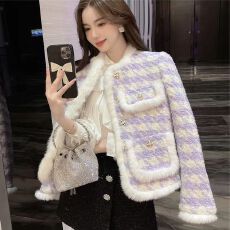 批发新款格纹小香风外套女清新时尚紫罗兰名媛加厚夹棉毛呢棉服长袖