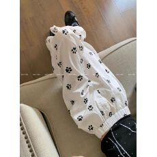 批发官图 布匹印 秋装白色小狗<b class='q'>印花</b>裤子女遛弯阔腿直筒裤长裤